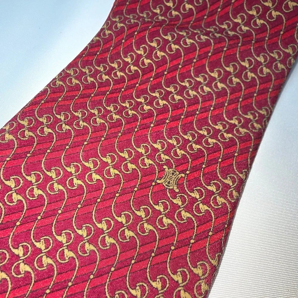 Celine Paris Silk Tie Burgundy Red Gold Horsebit Chain Link Macadam‎ Made Spain